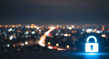 Digital lock icon floating against a blurred cityscape, symbolizing data security, online privacy, and cybersecurity in a modern, connected world.