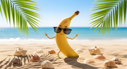 A cheerful banana character wearing sunglasses gives peace signs on a sunny beach with seashells and palm fronds, exuding summertime vibes.