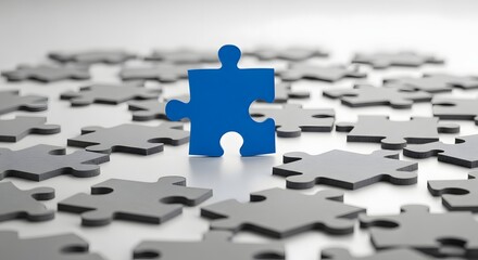 A blue puzzle piece stands tall among scattered gray pieces, symbolizing uniqueness, solution, and individuality in a field of conformity.