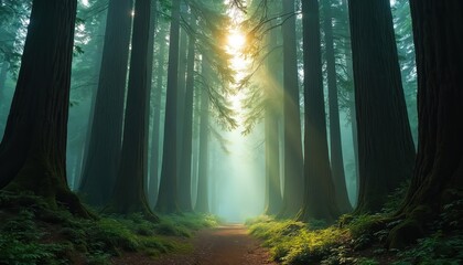 Fototapeta premium Sunlight filters through towering redwood trees in misty forest. Path leads through serene, green landscape, creating peaceful, majestic atmosphere. Breathtaking natural scenery offers sense of