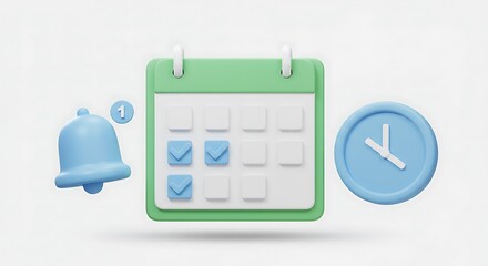 3d calendar with clock and notification bell for planning and scheduling