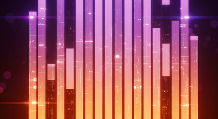 Gradient Geometric Barcode Arrangement with Vibrant Hues and Glittering Details, evoking a futuristic or digital interface or perhaps a music equalizer or digital information display