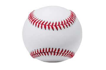 Close-up of a baseball.  White ball with red stitching