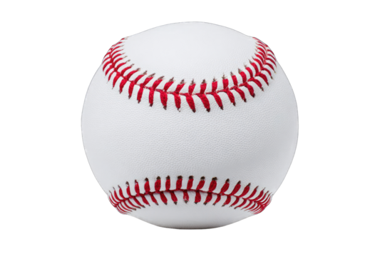 Close-up of a baseball.  White ball with red stitching