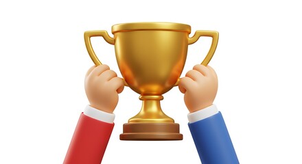 Hands holding a golden trophy in celebration of victory