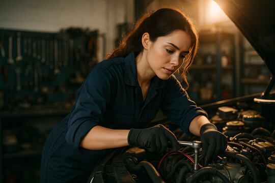 Female mechanic working on car engine auto repair service maintenance - Powered by Adobe