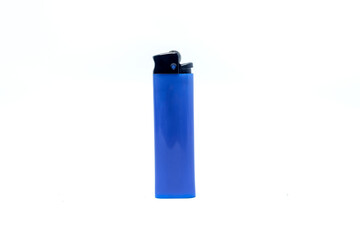 A blue plastic gas lighter isolated on white background, standing upright with black ignition head, symbolizing fire, ignition, flame, and daily use.