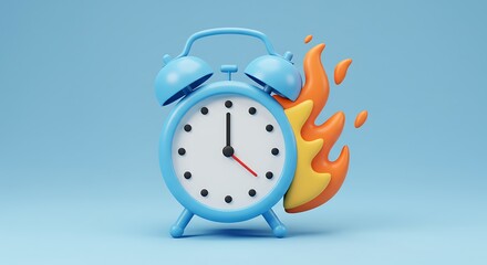 Alarm clock on fire with flames against a blue background