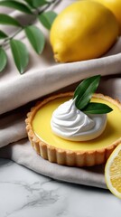 Delicious lemon tart with whipped cream and fresh lemon slices on a marble surface with green leaves for a refreshing dessert presentation