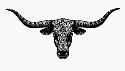 Striking black, white illustration features stylized longhorn bull head. Intricate Celtic, tribal patterns adorn face, expansive horns, creating bold, graphic design with powerful, masculine