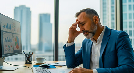 Stressed businessman at office desk analyzing financial data, feeling pressure and burnout