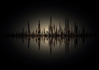 Abstract digital cityscape at night with glowing spires reflecting on a dark surface, evoking a futuristic soundscape.