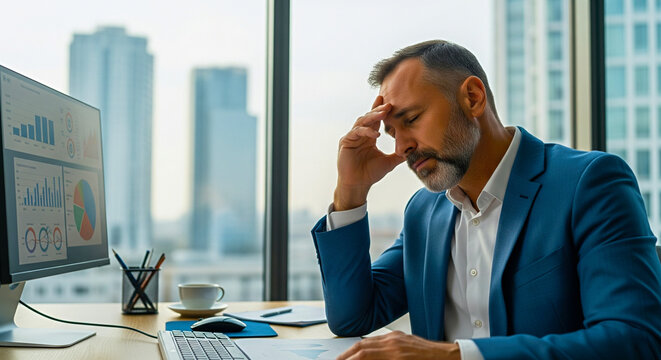 Stressed businessman at office desk analyzing financial data, feeling pressure and burnout
