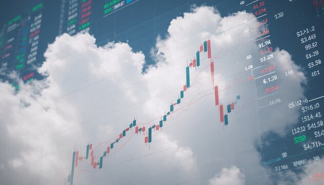 Financial market data and trends displayed on charts against a serene cloudy sky, symbolizing economic movement and volatility.