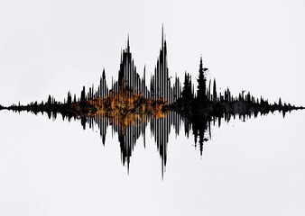 Abstract black and gold waveform on a white background, mirroring a dynamic audio visualization or an energetic urban skyline.