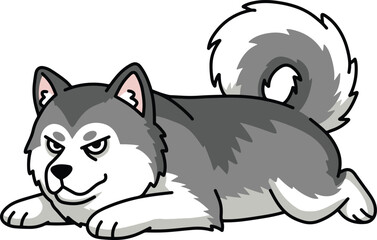 Husky dog cartoon lying down, fluffy tail, smug face
