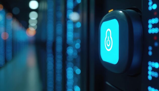 Smart lock activation in data center. Close-up of electronic security system with glowing icon. Technology concept representing network infrastructure, data protection, automation, future innovation - Powered by Adobe