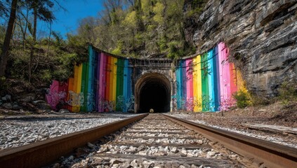 Colorful tunnel entrance on railway tracks