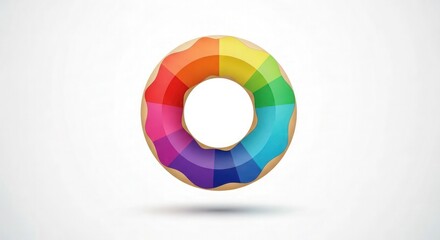 A colorful donut with segments of the rainbow on a white background in a studio shot with soft light