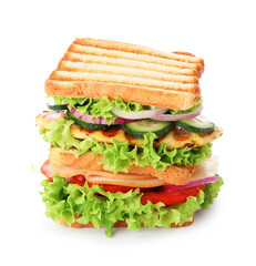 Yummy sandwich with ham, chicken breast and vegetables isolated on white