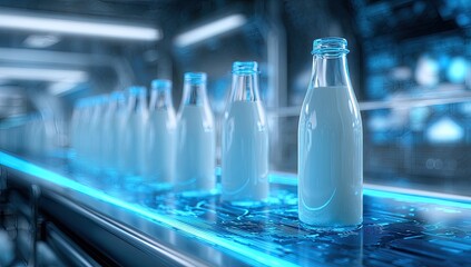 Milk bottles on a conveyor belt in a modern facility