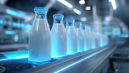Milk bottles on a futuristic production line