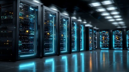Modern data center with rows of illuminated server racks glowing with blue and green lights reflecting on a polished floor