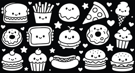 Cute Kawaii Food Illustrations Black and White Clipart