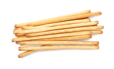 Delicious grissini sticks isolated on white, top view