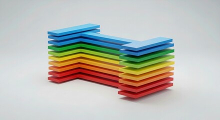 A stack of rainbow colored wooden blocks arranged in an l shape on a white surface in studio lighting