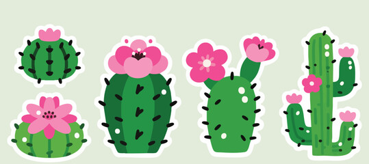 Cute Cactus Collection with Pink Flowers Flat Design Stickers