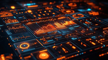 Futuristic Technology Interface with Glowing Data Visualizations and Complex Systems