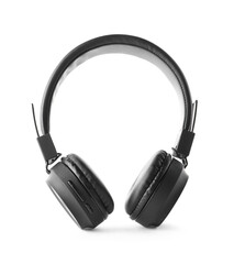 Pair of stylish black headphones isolated on white