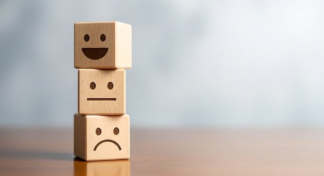 Wooden blocks with happy, neutral, and sad faces for customer feedback concept