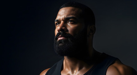 Obraz premium Intense portrait showcasing a determined man, glistening with sweat, epitomizing strength and resilience, set against a backdrop that enhances the mood and emphasizes his focus capturing the essence