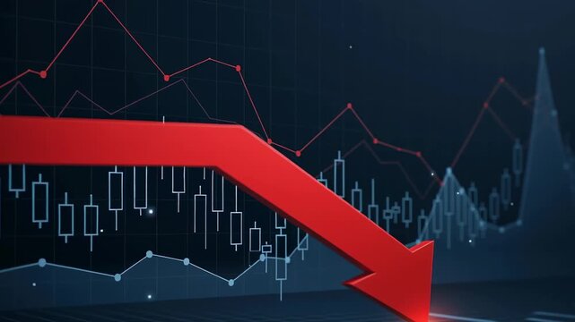 Red arrow showing downward trend on financial graph. Business chart with falling line and candlestick data representing economic crisis. Footage.