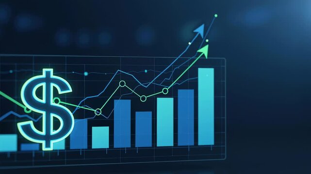 Dollar sign shifting over financial bar graph and line chart with green arrow showing rising trend. Business success and investment growth concept footage.
