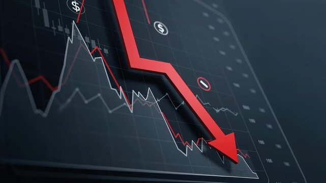 Red arrow pointing down on changing financial graph. Business chart showing market decline. Digital stock exchange data animation.