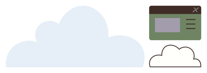 Large cloud shape next to green file window with tabs and smaller cloud. Ideal for cloud storage, computing, technology, digital services, software, data management, simple flat metaphor
