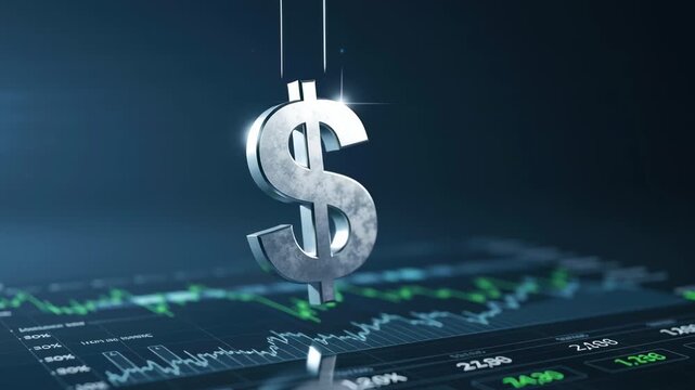 Silver dollar sign suspended above a financial stock market chart with digital data display showing exchange rates and numbers. - Powered by Adobe