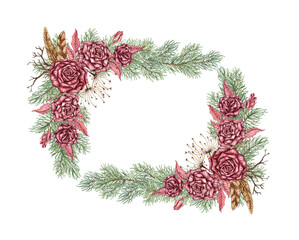Fototapeta premium Burgundy roses, pine branches, cones, feather, dry twigs and dried flowers rectangular frame watercolor illustration. Suitable for Christmas and New Year decor. Banner isolated from the background.