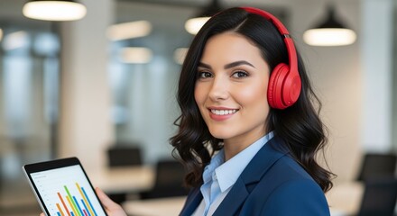 Confident businesswoman with red headphones smiles holding tablet displaying financial graph in modern office, ready for success