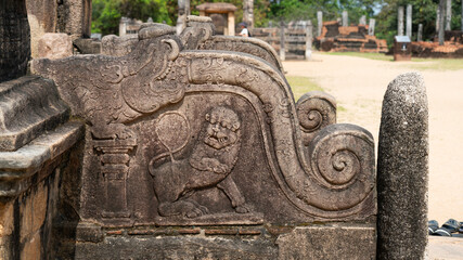 A sculpture in Polonnaruwa, Sri Lanka, of a makara, an animal that contains features of eight symbolically significant creatures.