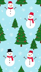 Festive winter pattern with snowmen and Christmas trees