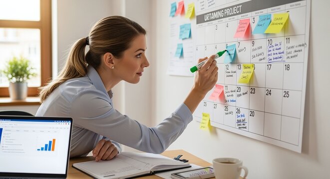 Focused businesswoman plans project milestones using sticky notes on a large wall calendar, visualizing success and team collaboration in a modern office setting. - Powered by Adobe