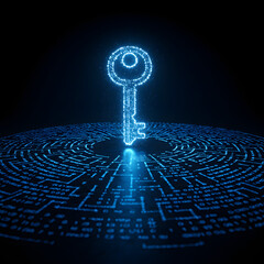Glowing blue key above a circular maze