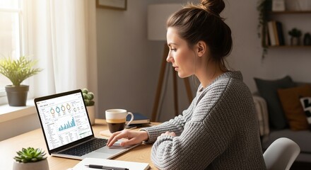 Focused businesswoman analyzing data charts on laptop while working from home, showcasing productivity and modern remote work lifestyle
