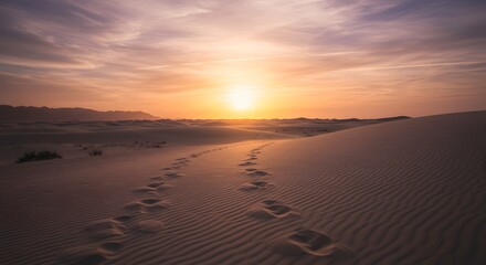 Fototapeta premium Empty Sand Path at Desert Sunset with Hazy Sky and Wind Patterns
