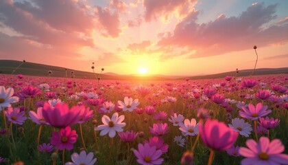 Vibrant sunset illuminates dreamy wildflower meadow. Pink, white, purple blossoms sway gently. Golden hour light casts warm glow on landscape. Serene summer evening scene, perfect for nature themes.