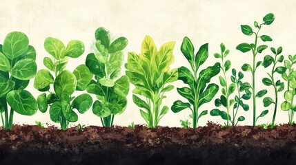 A drawing of a row of plants with the first plant being a green leaf